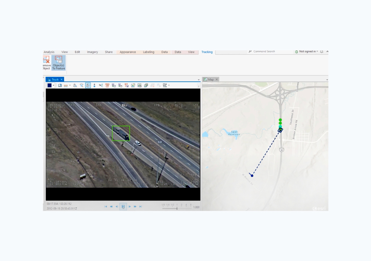 A side by side image with an aerial view of a highway on the left and a map showing object tracking in the ArcGIS system