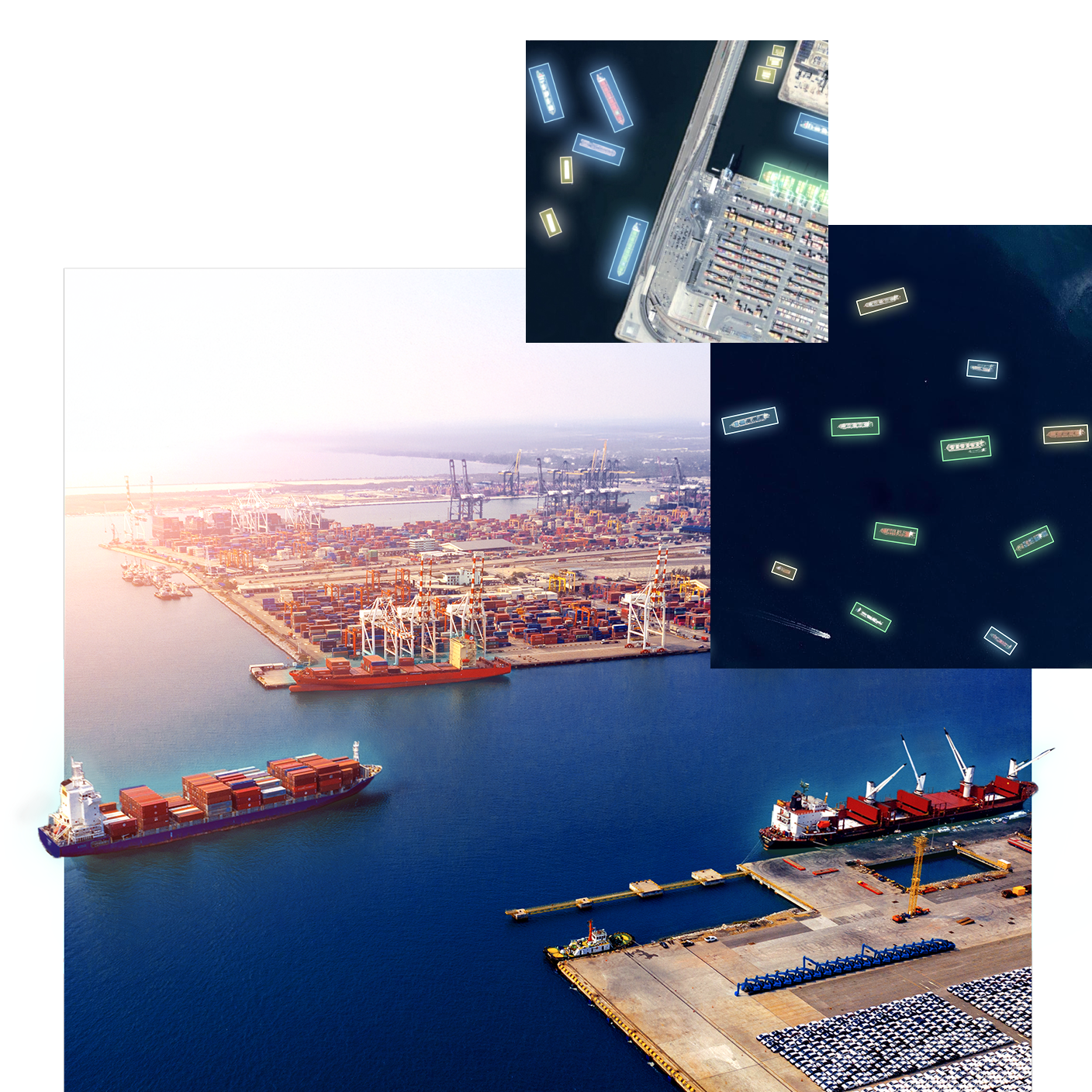 Aerial view of a port and shipping terminal with pretrained models detecting ships, buildings, and industrial infrastructure