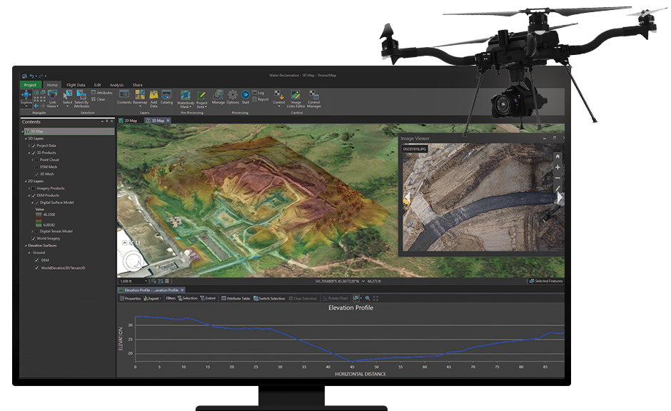 Topographielinien im Hintergrund, Desktop-Bildschirm mit einer Volumenanalyse drohnenbasierter Daten, fliegende Drohne im Vordergrund