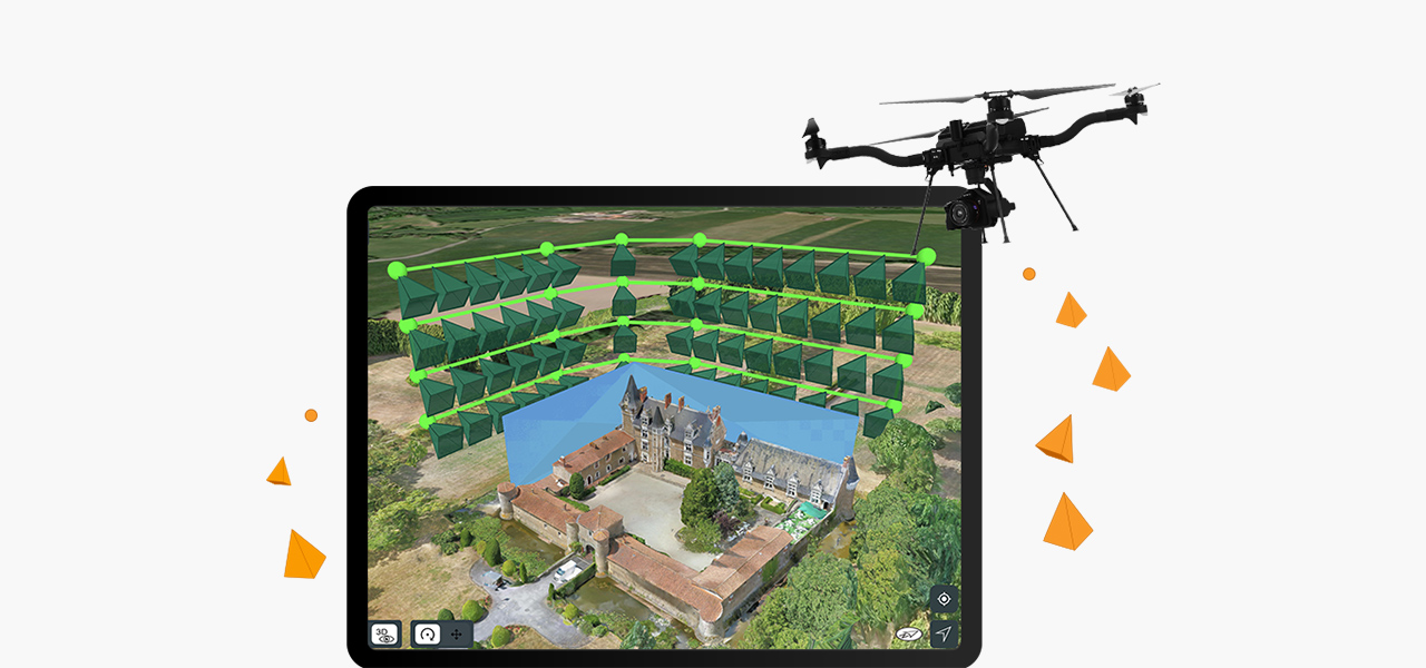 : iPad-Bildschirm, der die Flugbahn einer Drohne um eine Burg zeigt