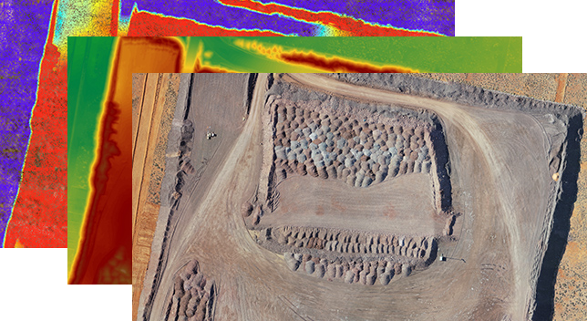 Drei übereinander gestapelte Bilder, die verschiedene Analyseansichten einer Ausgrabungsstätte zeigen.
