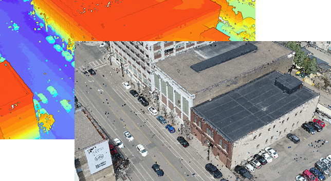 Imágenes de nube de 2 puntos de una vista de la ciudad usando diferentes parámetros de color 