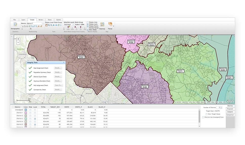 A desktop display of a multicolored state map with districts shaded different colors, overlaid with menus of analysis options