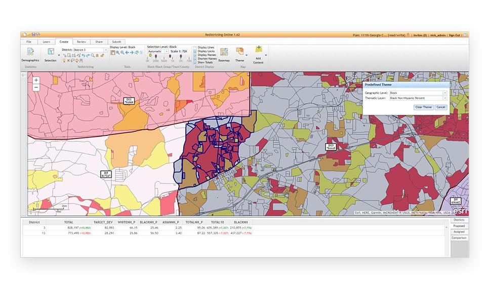 A desktop display of a multicolored state map with districts shaded different colors, overlaid with menus of analysis options