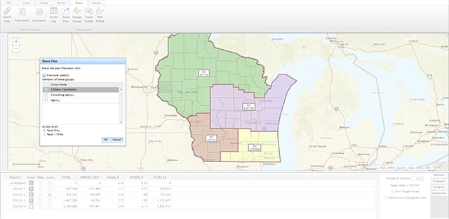 A state map with four districts outlined and shaded in green, purple, brown and ecru, overlaid with a menu of analysis options