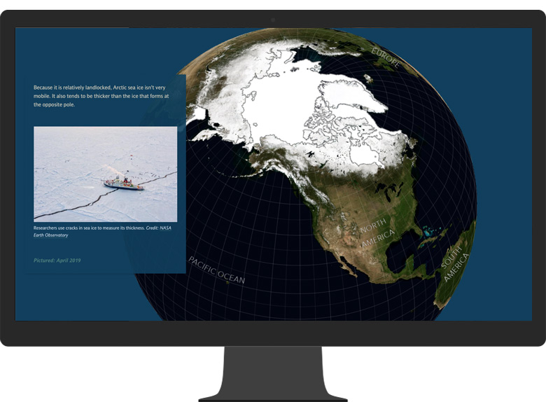 海氷と海洋温暖化の ArcGIS StoryMap を表示するコンピューター モニター