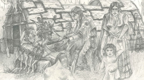 A graphite drawing of a family from the Pokagon Band of Potawatomi Indians
