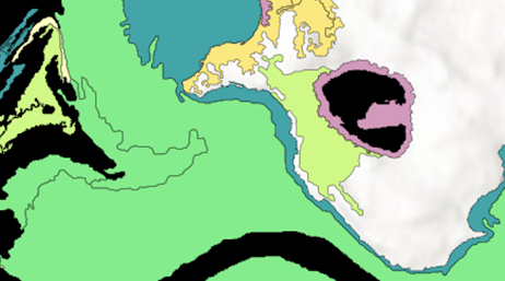 Um mapa estilizado do país com regiões sombreadas em verde menta, azul e amarelo