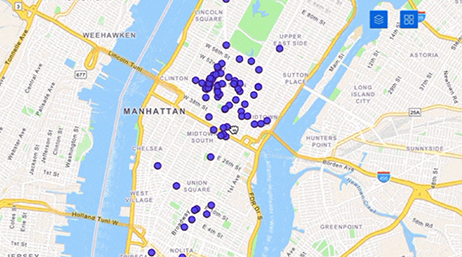 A map of Manhattan, New York, with purple dots clustered in midtown and downtown 