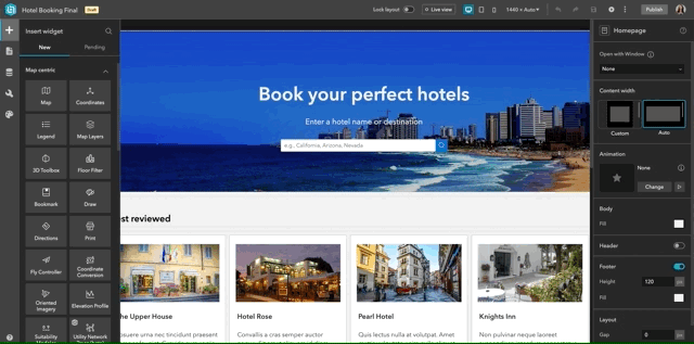 「Book your perfect hotels」というテキストとともにホテル オプションを表示し、公開ボタンの選択を示している GIF 