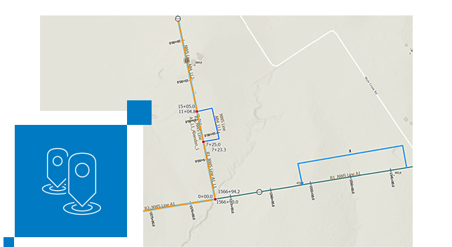 Carte beige représentant deux itinéraires perpendiculaires avec des valeurs de mesure numériques à côté d’une image bleue de deux flèches GPS