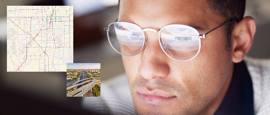 A collage with images of a person wearing glasses, a map, and a freeway overpass overlaid with a play button