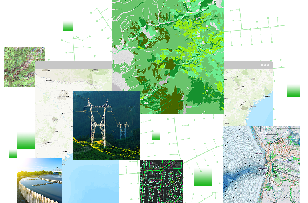 Series of images including a topographic map, a United States map, and power lines 