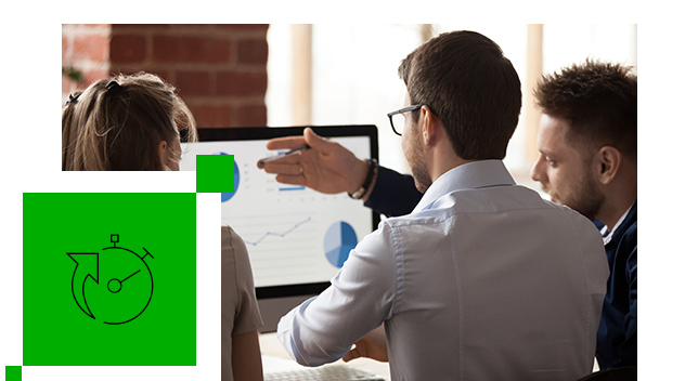 Three employees looking at analytical data on a computer monitor next to a green stopwatch icon