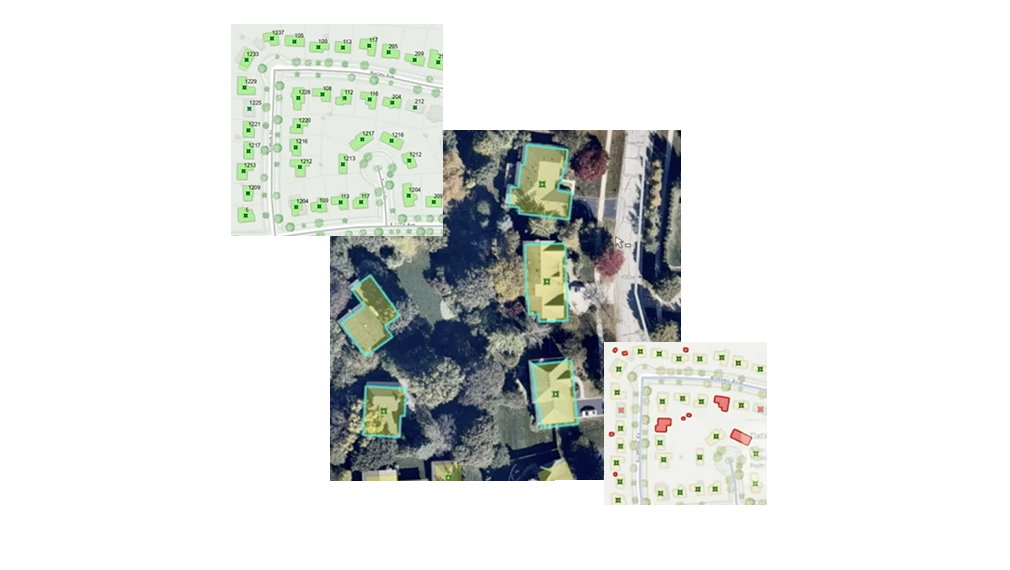 Aerial image of land and buildings next to two inset digital images with squares and dots