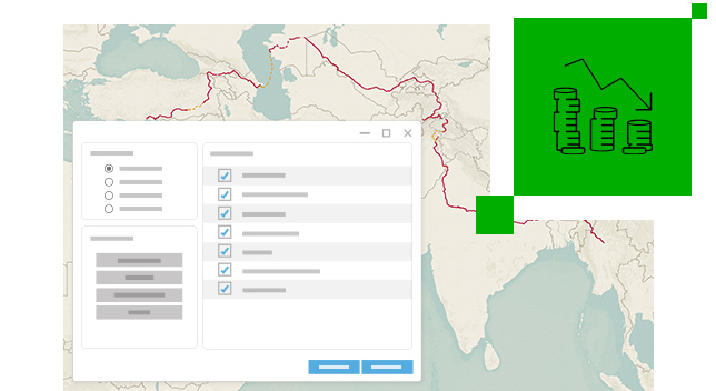 Mapa w aplikacji ArcGIS Pro z tabelą tekstową symbolizującą kontrole aplikacji Data Reviewer; obok znajduje się ikona przedstawiająca monety i strzałka skierowana w dół