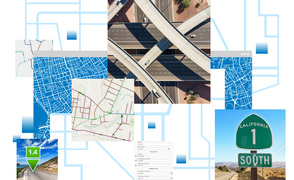 Collage d'images représentant des autoroutes, panneau indiquant la California highway route one, une route avec une mesure et des cartes vectorielles de rues