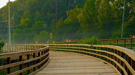 Wooden boardwalk curving through a forested area, bordered by railings and power lines. Orange and white traffic barrels in the distance indicate ongoing maintenance