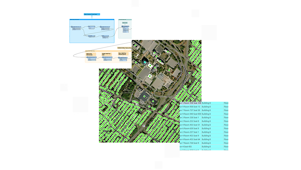 Aerial image of a building complex with green data points and a small box with building data and workflow chart