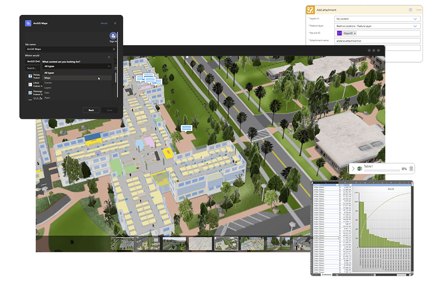 Mapa 3D digital que muestra edificios, árboles y carreteras con gráfico de barras en recuadro e interfaz de capas