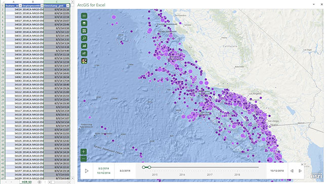 A sidebar spreadsheet with numerical data next to a coastal topography map of land and water with purple data points 