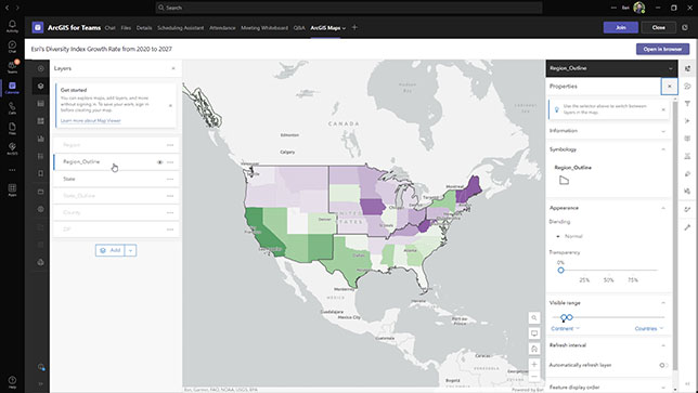 Interfaz de Microsoft Teams donde se muestra un mapa de Norteamérica en verde y morado y una barra lateral con texto