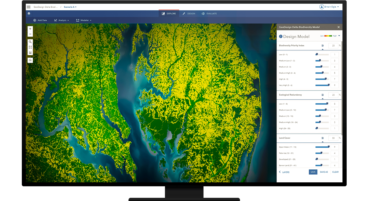 Monitor displaying a satellite map with green land and blue water and a box showing Weighted Raster Overlay (WRO) analysis