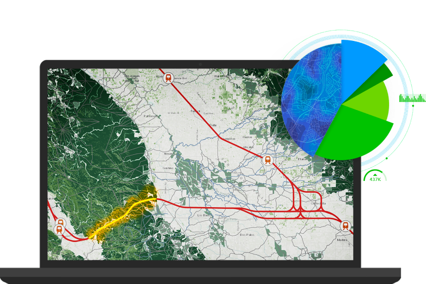 A laptop screen displaying a satellite image of a green and white area with a transit line highlighted in red, overlaid with a pie chart illustration