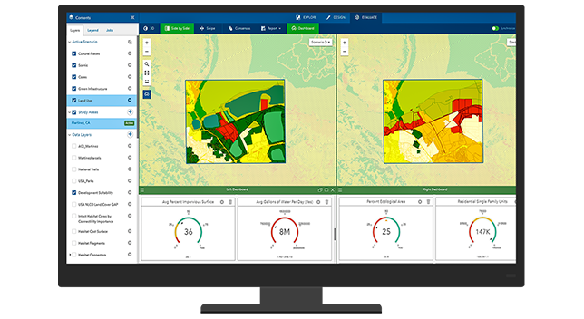 Computer monitor showing maps and data representing a GeoPlanner project 