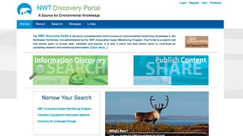 The home page of the NWT Discovery portal with featured links for finding and sharing content