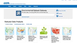 The home page of the Environmental Dataset Gateway with a search bar and a section listing featured data products