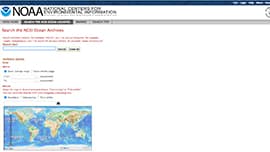 A screenshot of the NOAA data center featuring a search bar and digital map
