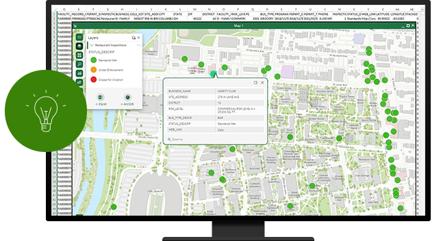 A design of a monitor displaying a spreadsheet that is overlaid with a light city map marked with large green circles across the map, with a lightbulb icon enclosed in a green circle in front of the monitor