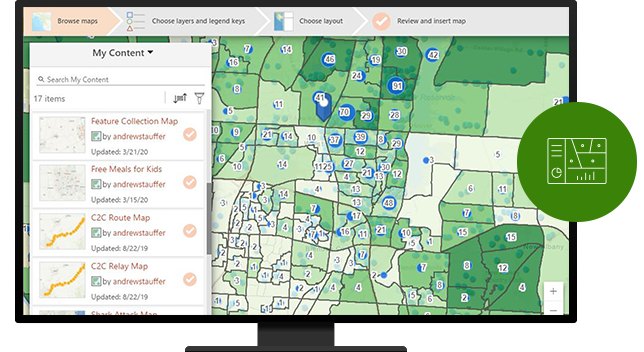 Écran affichant une carte présentant de nombreux comtés indiqués par différentes nuances de vert. Au premier plan, une icône de tableau de bord à l'intérieur d'un cercle vert