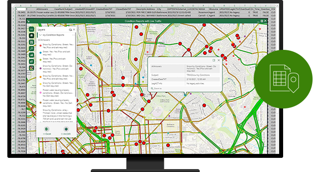 A design of a monitor displaying a spreadsheet that is overlaid with a light city map with roads marked in red, yellow, and green lines, with a file and location icon enclosed in a green circle in front of the monitor