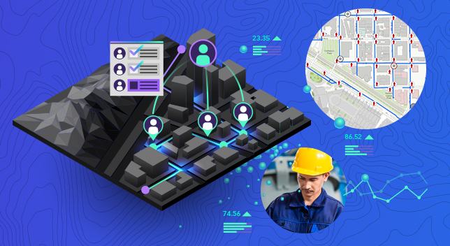 A blue graphic with a black 3D design of a gridded city with icons overlaying it, next to two circular designs that include a map and a worker in a safety helmet