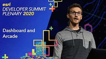 An event card from the 2020 Esri Developer Summit showing a presenter on stage for an ArcGIS Dashboards and Arcade presentation 