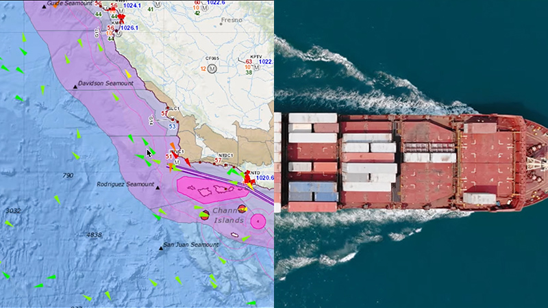 A split image with a full barge in blue water and a map of the California coast displaying water current data
