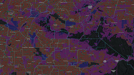 A state map with districts outlined in white on a brown and purple background