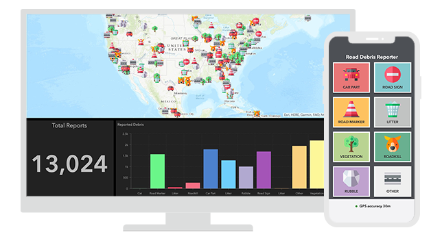 A graphic of a monitor displaying a dashboard of a map and a graph, with a smartphone design displaying an app called “Road Debris Reporter”