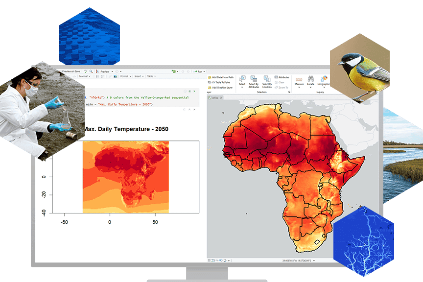 Collage of a scientist collecting a water sample, maps showing high temperatures in Africa, a bird, and river networks