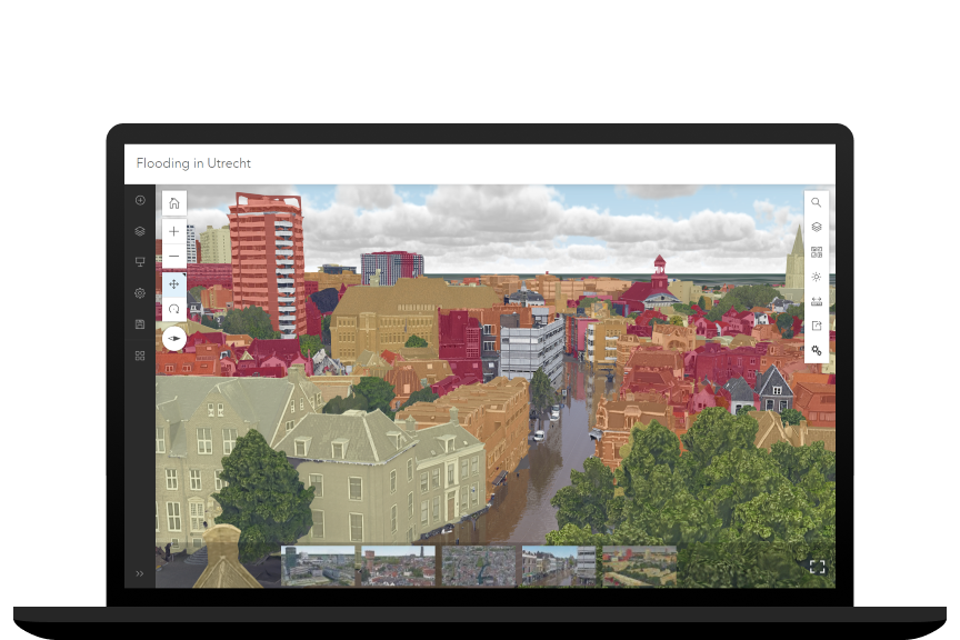 A graphic of a laptop monitor displaying a 3D model of a colorful city lined with trees