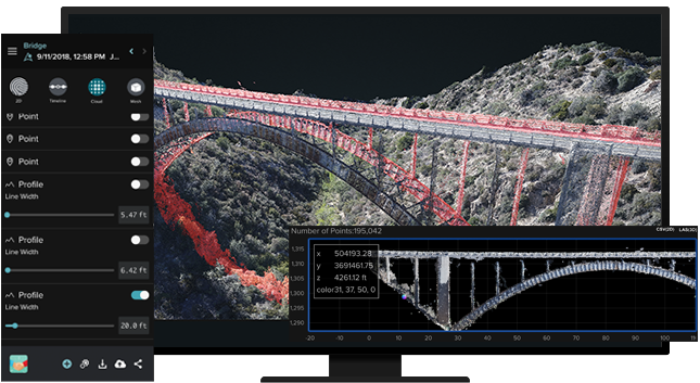 Bildschirm eines Desktop-Computers, der eine Punktwolke einer Brücke und Seitenleistenmenüs mit Analysewerkzeugen zeigt 