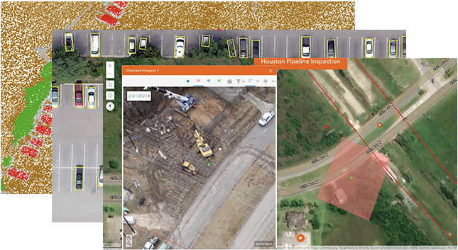 Analyse mit ausgerichteten Bilddaten für ein Pipeline-Projekt in ArcGIS Image Analyst mit Hintergrundbildern, auf denen eine Objekterkennung dargestellt ist 