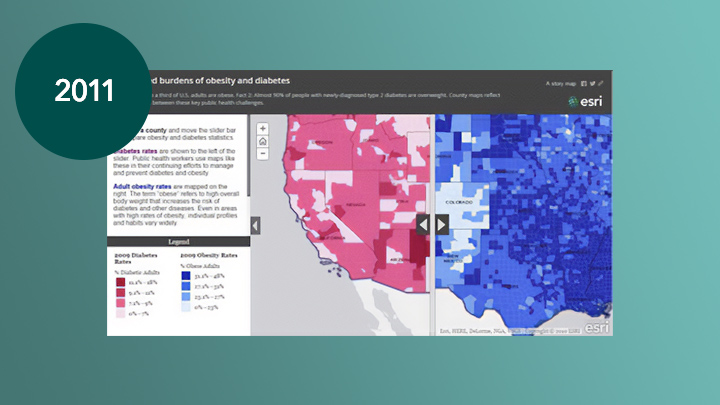 Uma tela exibindo um mapa deslizante em rosa e azul exibindo taxas de diabetes e obesidade ao lado de gráficos e dados