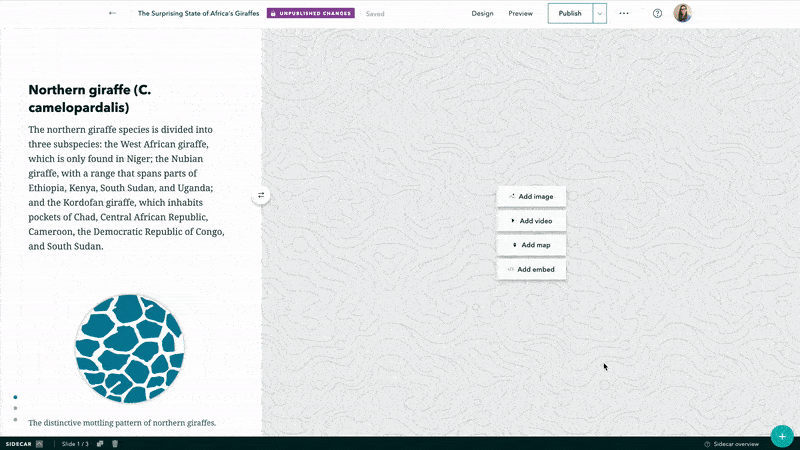  Utilisateur recherchant une couche de carte avec le mot-clé « girafe » et activant cette couche dans une carte de récit ArcGIS StoryMaps