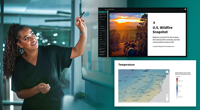 Eine Person, die auf Diagramme auf einem Präsentationsbildschirm in einem Büro zeigt, überlagert mit zwei Screenshots von ArcGIS StoryMaps-Bedienoberflächen 