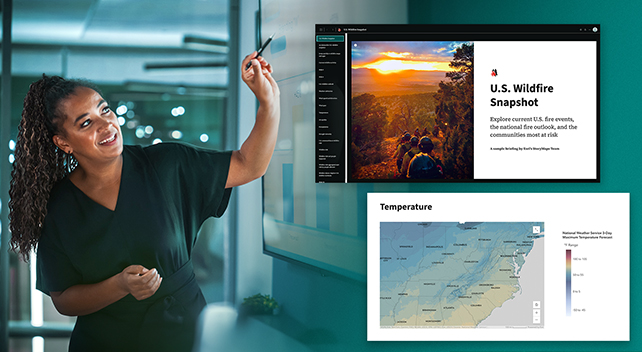 شخص يشير إلى الرسومات البيانية على شاشة عرض في مكتب، ويتم تركيبها مع صورتين لواجهتي ArcGIS StoryMaps 