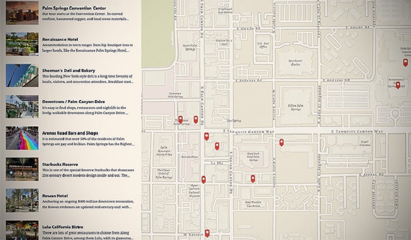 Exemple de Map Tour - Exploration dans ArcGIS StoryMaps avec une liste de localisations comportant des photos et des descriptions à gauche et une carte générale de situation correspondante à droite
