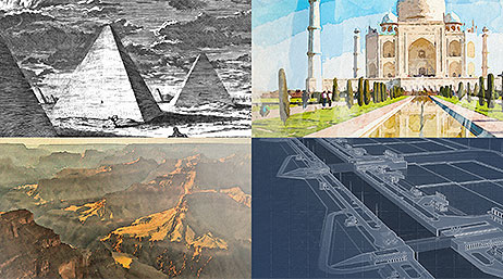 A four-square collage of illustrations, photos, and diagrams of famous landmarks